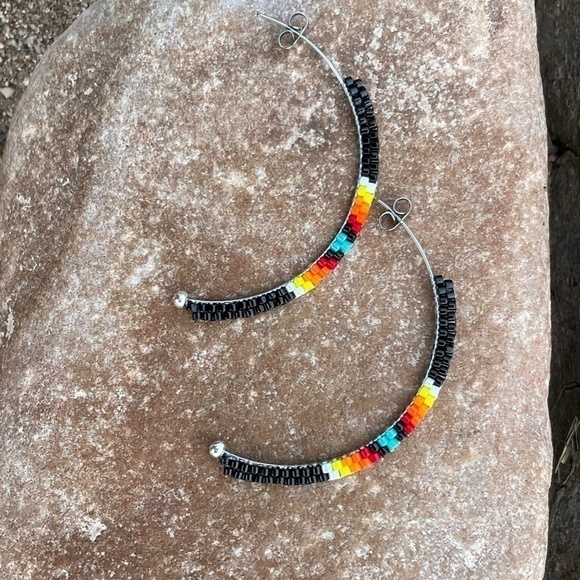 Black with Native Colors Bead Half Hoops, New, Handmade By Me - Picture 7 of 11